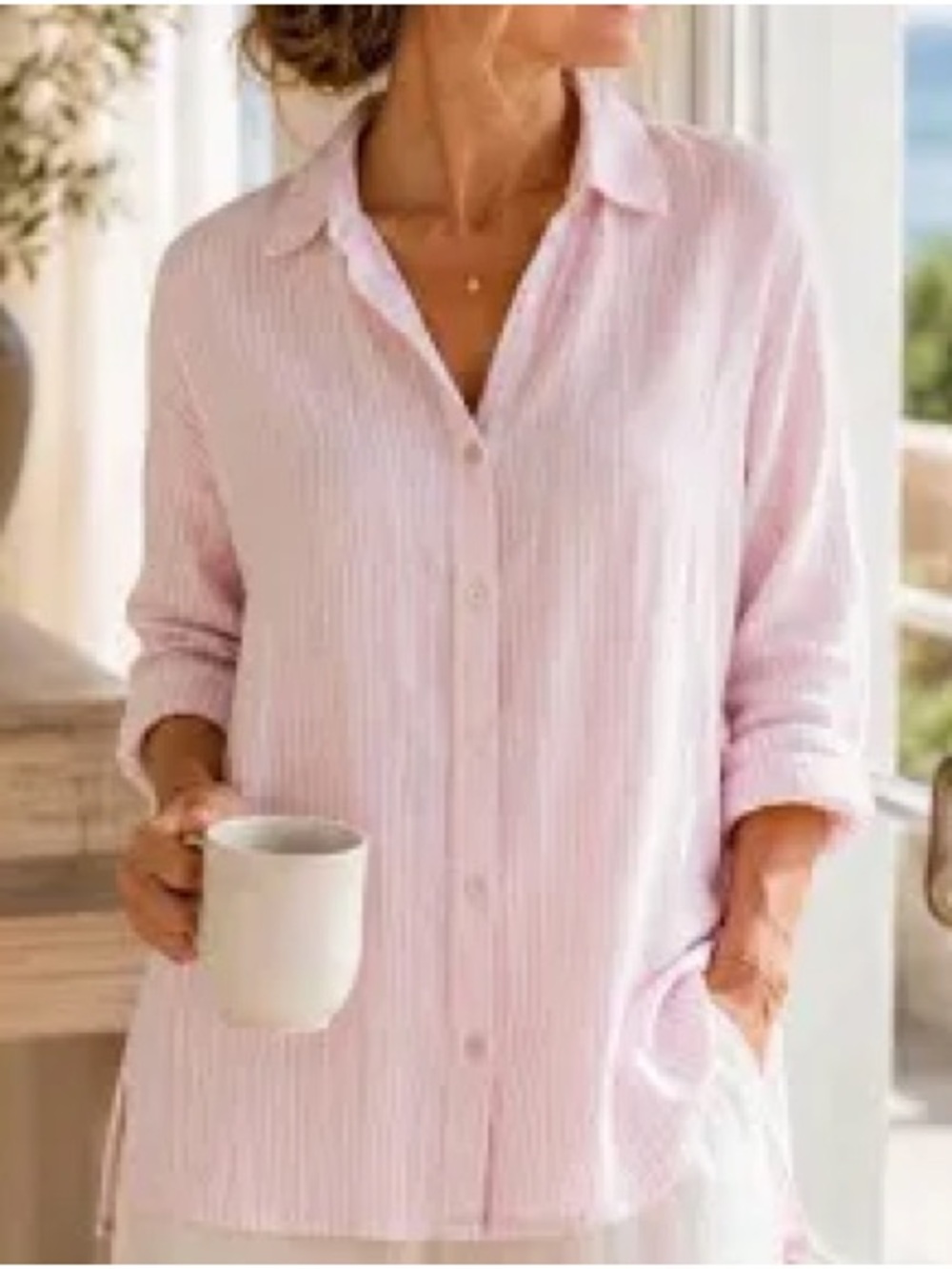 J. Jill Pink White Striped Linen Blouse Sz LP